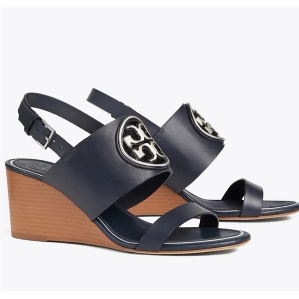 TORY BURCH Navy Blue Leather Silver Emblem Miller Wedge $350 Heeled Sandals 8.5